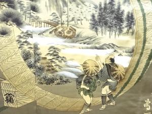 アンティーク　時代人物風景模様肩裏本場泥大島紬男物羽織